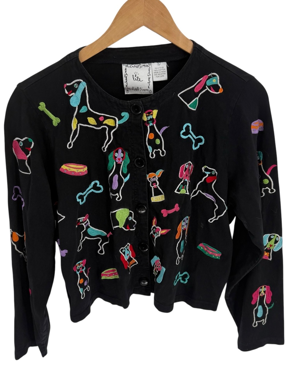 Vintage MICHAEL SIMON Lite Dog Knit Black Cardigan Sweater Size L Embroidered